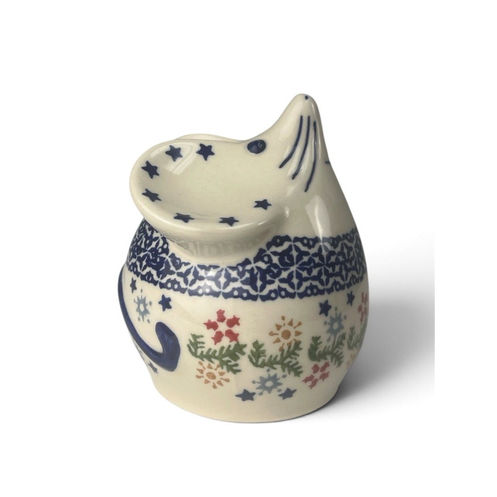 Boleslawiec Polish Pottery Mouse Bank Floral Star Ivory Blue Kitschy NEW